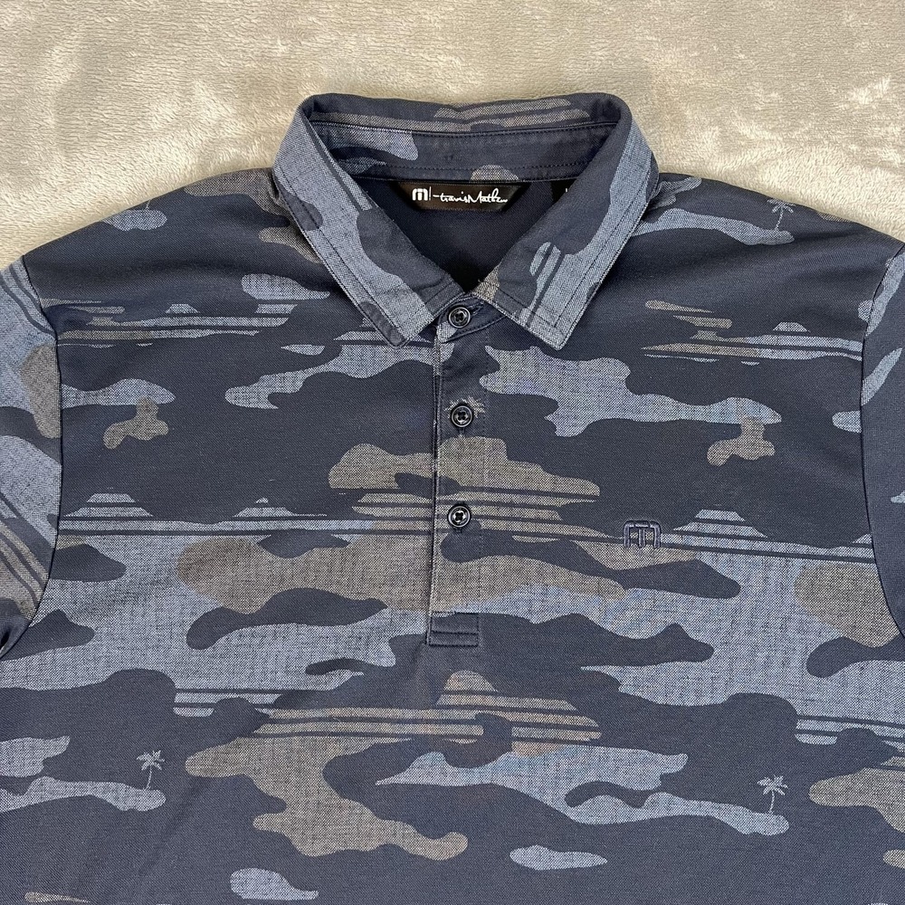 TravisMathew Polo Shirt Mens Large Blue Camo Print Golf Performance Stretch